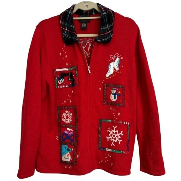 Vtg Designers Originals Christmas Sweater Womens Red Full Zip Cardigan Size XL - Picture 1 of 10
